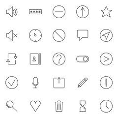 Fototapeta premium Interface elements outline icons set. linear style symbols collection, line signs pack. vector graphics. Set includes icons as speaker volume, password or pin code, minus, remove, star, favorite