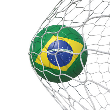 Brazil Brazilian flag soccer ball inside the net, in a net.
