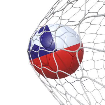 Chile Chilean flag soccer ball inside the net, in a net.