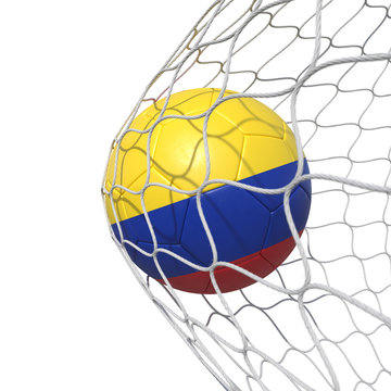 Colombia Colombian flag soccer ball inside the net, in a net.