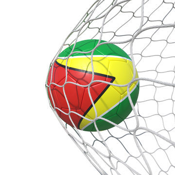 Guyana Guyanese flag soccer ball inside the net, in a net.