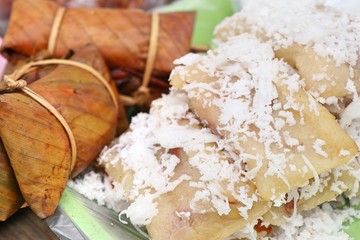 Sticky rice wrapped in banana leaves