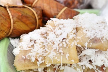 Sticky rice wrapped in banana leaves