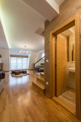 Attic, loft aprtment interior, open plan, living room and bathroom view