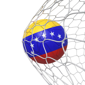 Venezuela Venezuelan flag soccer ball inside the net, in a net.