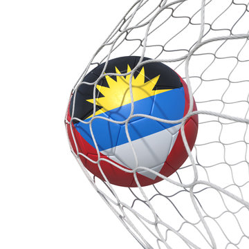 Antiguan Antigua and Barbuda flag soccer ball inside the net, in a net.