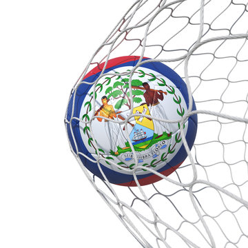 Belize Belizean flag soccer ball inside the net, in a net.