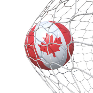 Canadian Canada flag soccer ball inside the net, in a net.