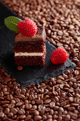 Closeup of chocolate cake with raspberry .