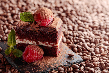 Closeup of chocolate cake with raspberry and mint .