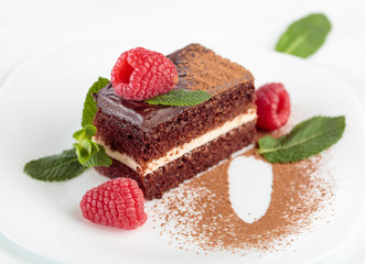 Chocolate cake with raspberry and mint.