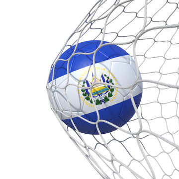 Salvador Salvadoran flag soccer ball inside the net, in a net.