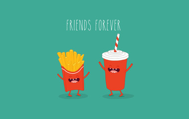 This is a vector illustration. The French fries with cola are friends forever. You can use for cards, fridge magnets, stickers, posters. - 200488521