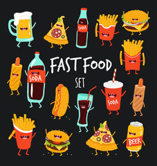 Funny fast food set. Vector illustration.