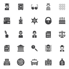 Justice vector icons set, modern solid symbol collection, filled style pictogram pack. Signs logo illustration. Set includes icons as judge, safebox, glasses , prisoner, prison bars, subpoena, witness