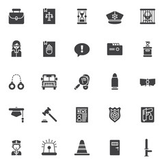 Justice and law vector icons set, modern solid symbol collection, filled style pictogram pack. Signs, logo illustration. Set includes icons as law book, hourglass, police hat, prison, lawyer, oath