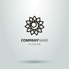 black and white linear flower bud logo with moon in the middle