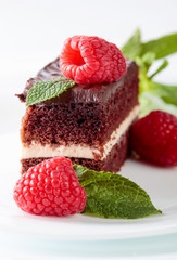 Chocolate cake with raspberry and mint.