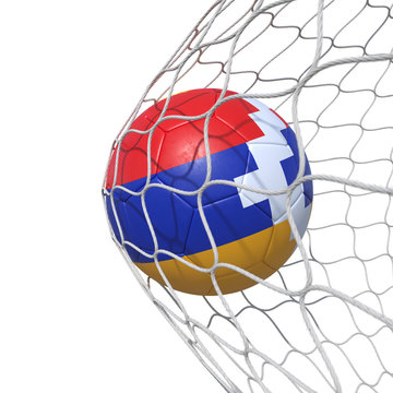 Artsakh Karabakh flag soccer ball inside the net, in a net.