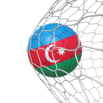 Azerbaijan flag soccer ball inside the net, in a net.