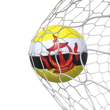 Brunei Bruneian flag soccer ball inside the net, in a net.