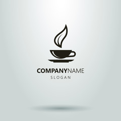 tea cup logo with a tea leaf. black and white abstract icon