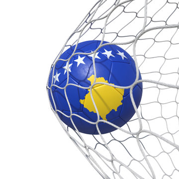 Kosovo Kosovans flag soccer ball inside the net, in a net.