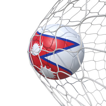 Nepalese Nepal flag soccer ball inside the net, in a net.
