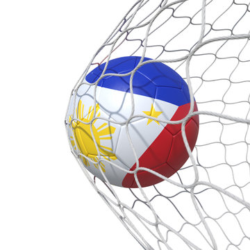 Philippines Philippine flag soccer ball inside the net, in a net.