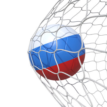 Russia Russian flag soccer ball inside the net, in a net.