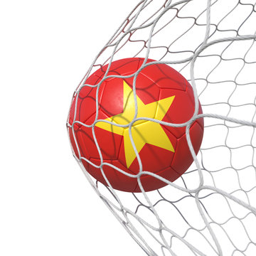 Vietnam Vietnamese flag soccer ball inside the net, in a net.