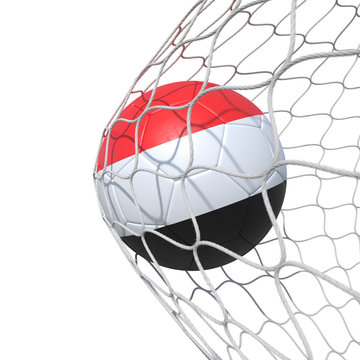 Yemen Yemeni Yemenite flag soccer ball inside the net, in a net.