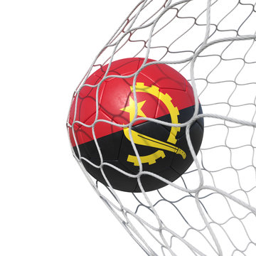Angola Angolan flag soccer ball inside the net, in a net.