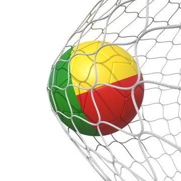 Benin Beninese flag soccer ball inside the net, in a net.