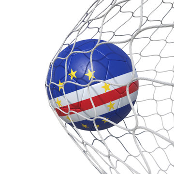 Cape Verde flag soccer ball inside the net, in a net.