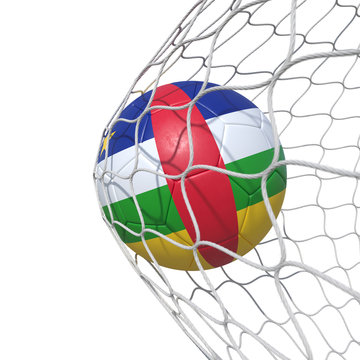 Central African Republic flag soccer ball inside the net, in a net.