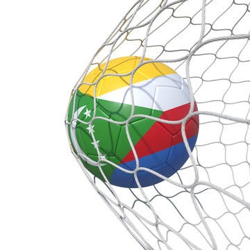 Comoros Comoran flag soccer ball inside the net, in a net.