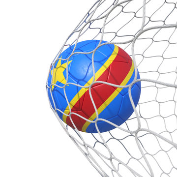 Congo Congolese New flag soccer ball inside the net, in a net.
