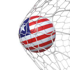Liberia Liberian flag soccer ball inside the net, in a net.