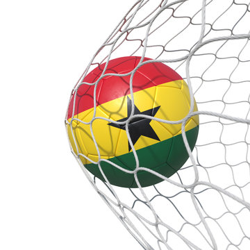Ghana Ghanaian flag soccer ball inside the net, in a net.