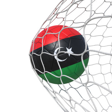 Libya Libyan flag soccer ball inside the net, in a net.