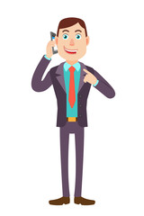 Businessman pointing his finger at the mobile phone that he talks