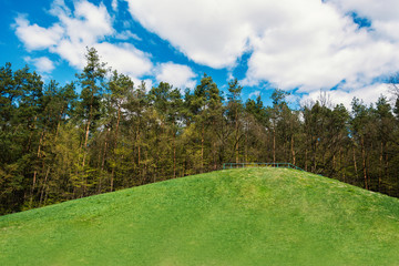horizontal view of forest behind hill on the blue cloudy sky