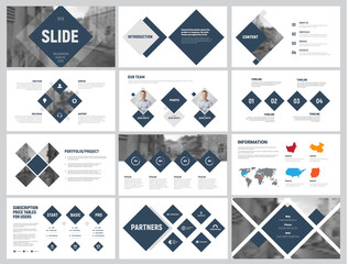 Design of white and black minimalistic slides for presentation with a diamond and a place for a photo.