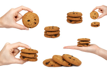 Set of chocolate chip cookie, woman hand, isolated on white background