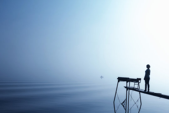 woman wooden bridge river sunrise fog travel meditation reflection thought
