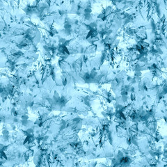 Seamless watercolor pattern, background, fabric, material. A bouquet of blue flowers, cornflower, bell, twigs, orchid, poppy, rose a splash of paint. field flowers. On a blue background