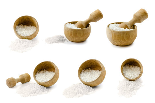 Set Of Sea Salt Flakes In A Wooden Bowl, Isolated On White Background