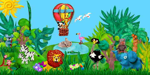 Traveling  by airballoon Zoo animals 3D rendering children banner illustration   © onanana