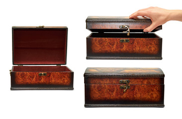 set of different treasure chest with hand. Isolated on white background